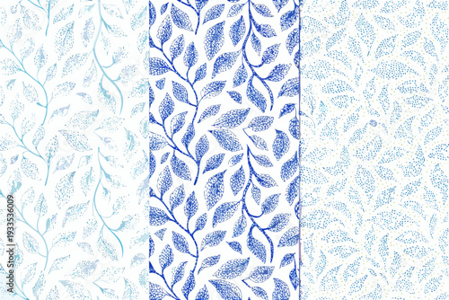 Three blue and white leaf patterned fabric swatches displayed vertically