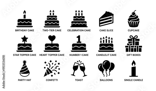 Birthday cake icons collection with celebratory symbols and party elements