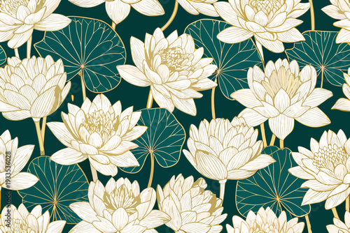 Elegant floral pattern featuring golden lotus flowers on a teal background