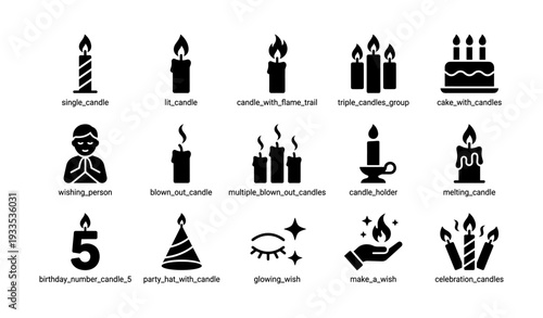 Set of candle icons and symbols including birthday, cake, and celebration themes
