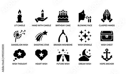 Symbolic icons of wishes and celebrations: candles, stars, and dream elements