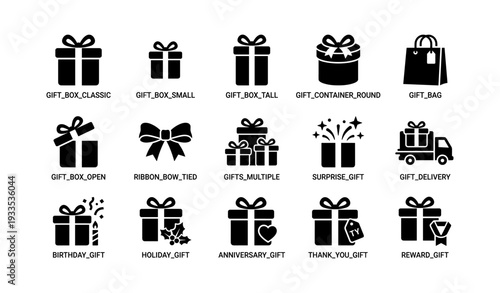 Set of gift icons featuring boxes, ribbons, bags, and delivery elements