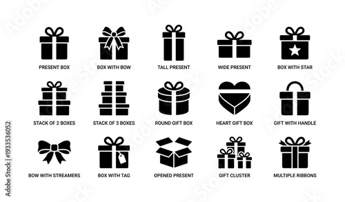 Gift edition icons set: presents with bows, tags, hearts, and ribbons