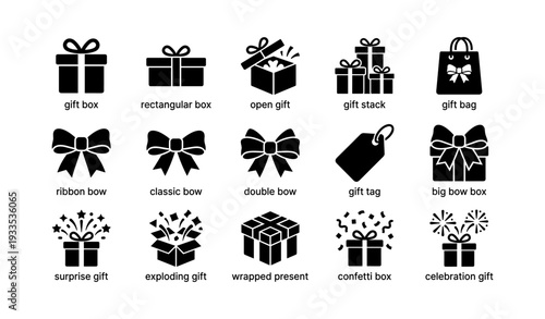 Gift icon set with bow, tag, bag, and box designs for celebrations