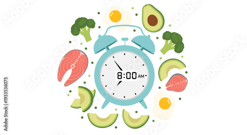 A light blue alarm clock displaying 8:00 AM is centrally positioned and surrounded by a circular arrangement of healthy food items on a clean white background.