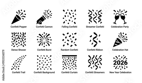 Festive confetti icons: celebration elements for new year and parties