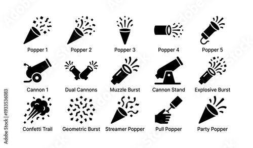 Set of celebration popper and cannon icons illustrating various festive designs
