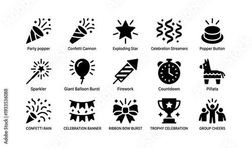Set of 16 celebration icons: party poppers, fireworks, piñata, trophies, streamers