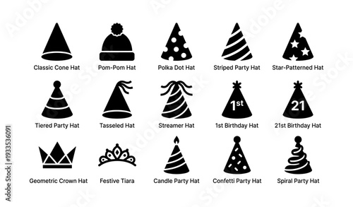 Variety of party hats and tiaras icons for celebrations and birthdays