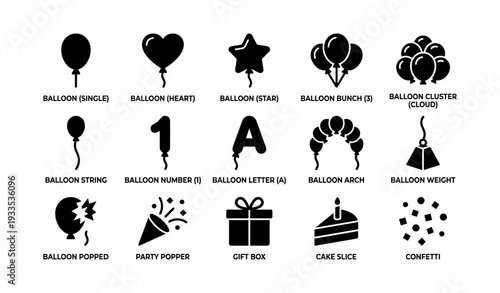 Black icon set featuring balloons, party items, gift box, cake, and confetti