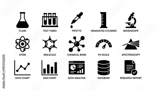 Science icons set featuring laboratory equipment and data analysis tools