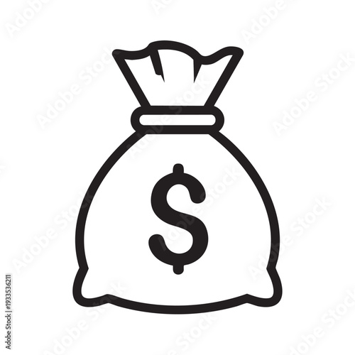 A simple black and white illustration of a money bag with a dollar sign on it, depicted from a straightforward front view