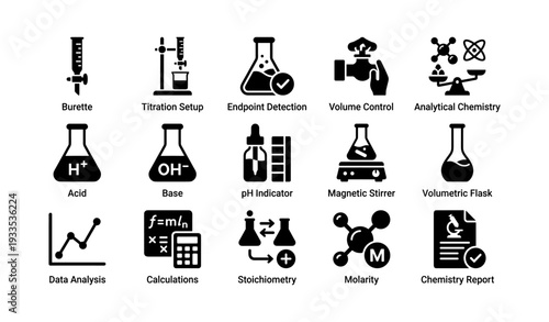 Laboratory equipment and chemistry icons for analytical experiments