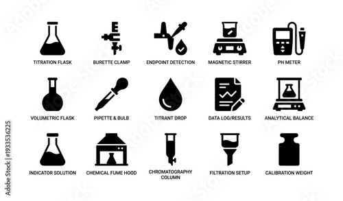Laboratory equipment icons including flask, clamp, stirrer, and meter