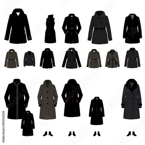 Set of black flat icons representing various winter coats and autumn jackets including duffle coats parkas and elegant wool outerwear