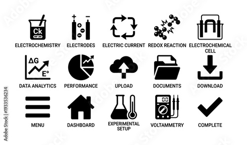 Electrochemistry icons: electrodes, current, redox, analytics, lab equipment