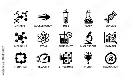 Science icons: catalyst, acceleration, molecule, efficiency, navigation