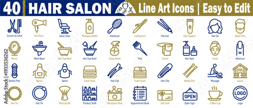 Hair salon line art icons. Including beauty professionals featuring scissors, combs, hairdryers, styling tools, and various salon amenities, vector illustration.
