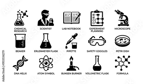 Scientific research icons: scientist, equipment, and experiment tools