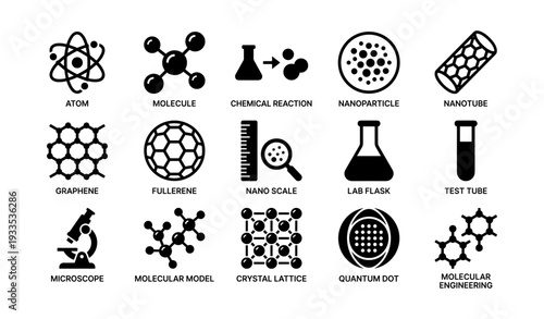 Science icons: atoms, molecules, nanoparticles, and chemical reactions