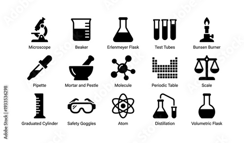 Science lab equipment icons: microscope, beaker, flask, test tubes, bunsen burner