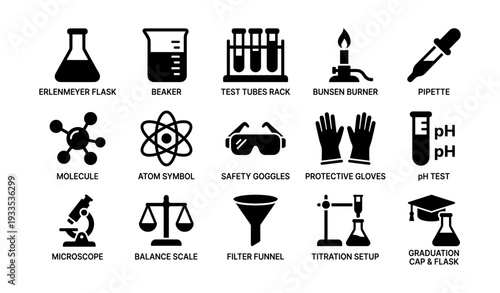 Scientific laboratory icons: flask, beaker, goggles, microscope, bunsen burner
