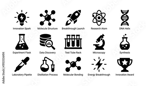 Innovation and science icons: research, experiment, and discovery in technology and chemistry