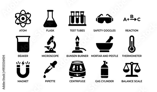 Science equipment icons: atom flask test tubes microscope bunsen burner