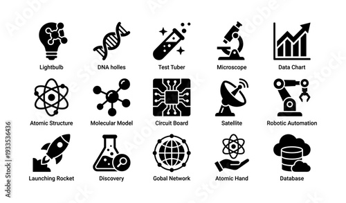 Scientific icons set: discovery, technology, molecular, atomic, data