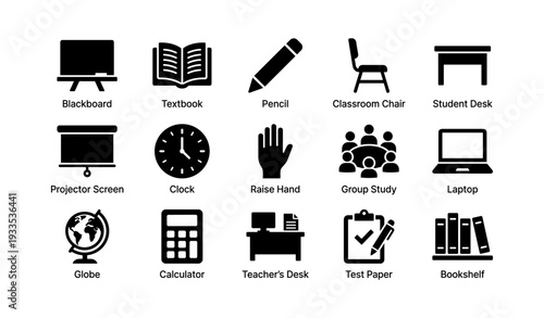 Educational icons: blackboard textbook pencil chair desk screen clock hand laptop