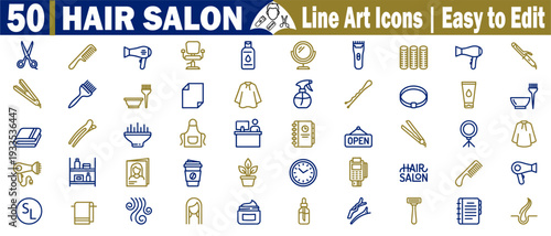 Hair salon line art icons. Collection for beauty industry professionals featuring diverse styling tools, equipment, and salon services vector illustration.