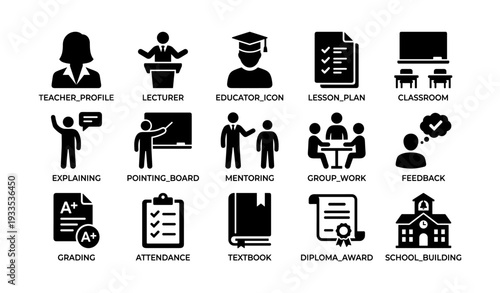 Education icons: teacher, lecturer, classroom, lesson plan, feedback
