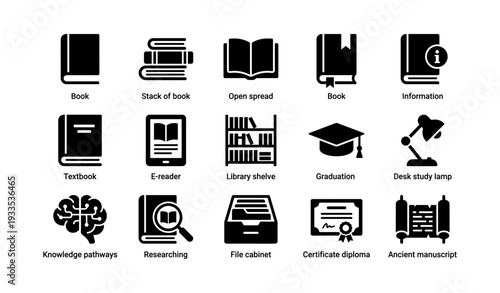 Black icons of books, graduate cap, diploma, brain, lamp, and scrolls