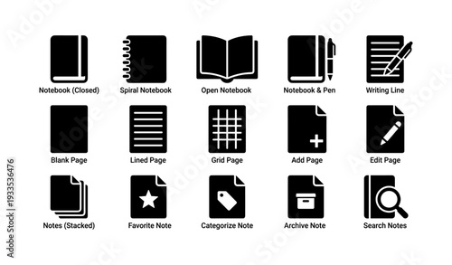 Icons of notebooks and notes with various formats and functions