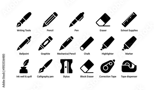 Writing tools and school supplies icons set: pencil, pen, eraser, ruler, highlighter