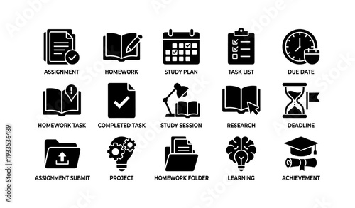 Education icons set: homework, study plans, deadlines, and achievements