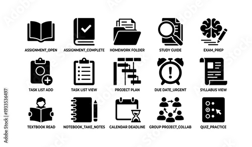 Educational management icons: assignments, study tools, group projects