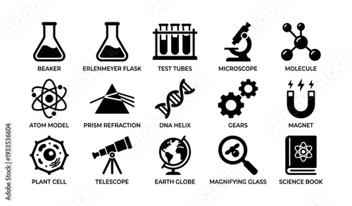 Scientific icons set: beaker, microscope, dna helix, earth globe, magnet