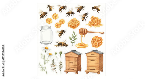 Watercolor illustration of bees honeycomb and beehive elements