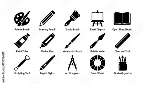 Art tools set: brushes, pencils, palette knife, easel, color wheel