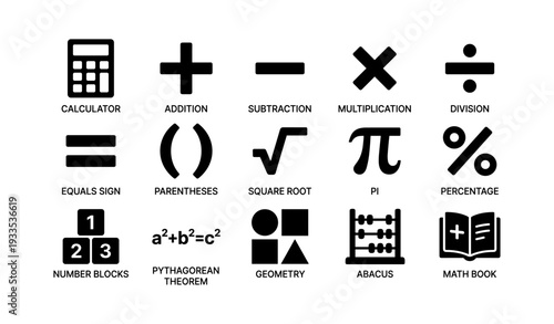 Mathematical symbols collection: addition, subtraction, multiplication, division, geometry
