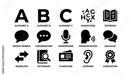 Alphabet and communication icons: language, conversation, translation, listening, education