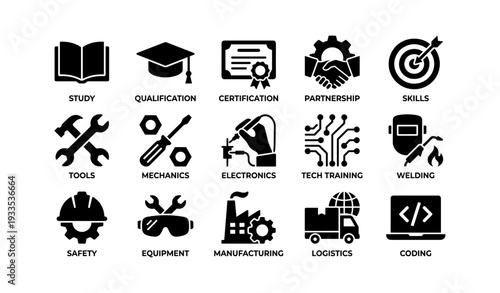 Vocational skills icons: study, certification, mechanics, electronics, technology