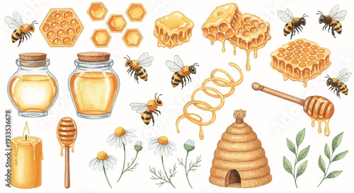 Watercolor illustration of bees honeycomb and honey related elements