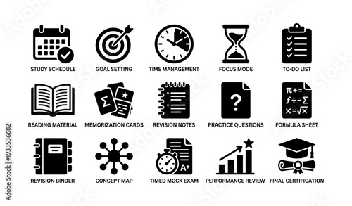 Educational icons for effective study and exam preparation strategies