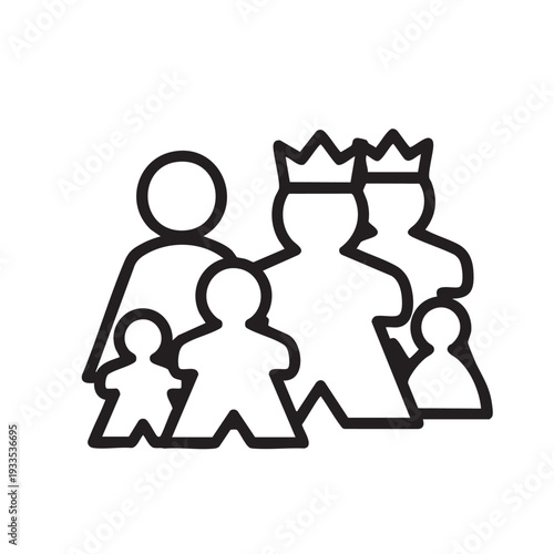 Illustration of a royal family standing together with the king wearing a crown, surrounded by family members in a simple line art style