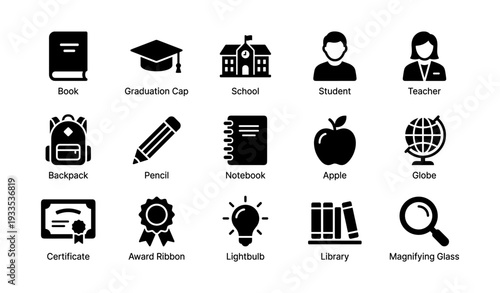 Education icons: book, graduation cap, school, student, teacher, backpack, pencil, notebook, apple, globe, certificate, award ribbon, lightbulb