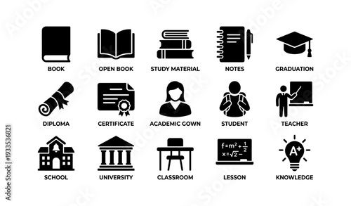 Education icons collection featuring books, gown, school, teacher, and student elements