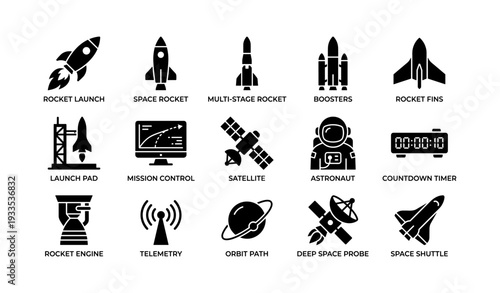 Set of space exploration icons featuring rockets, astronaut, satellite, and more