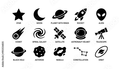 Space icons collection: star, moon, planet, rocket, alien, comet, galaxy, satellite, telescope